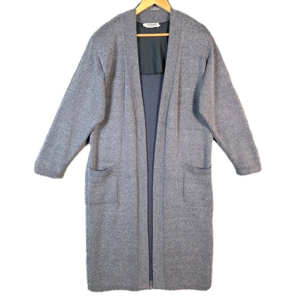 St John Knits Cardigan Sweater Womens 10 Gray Open‎ Long Duster Pockets
